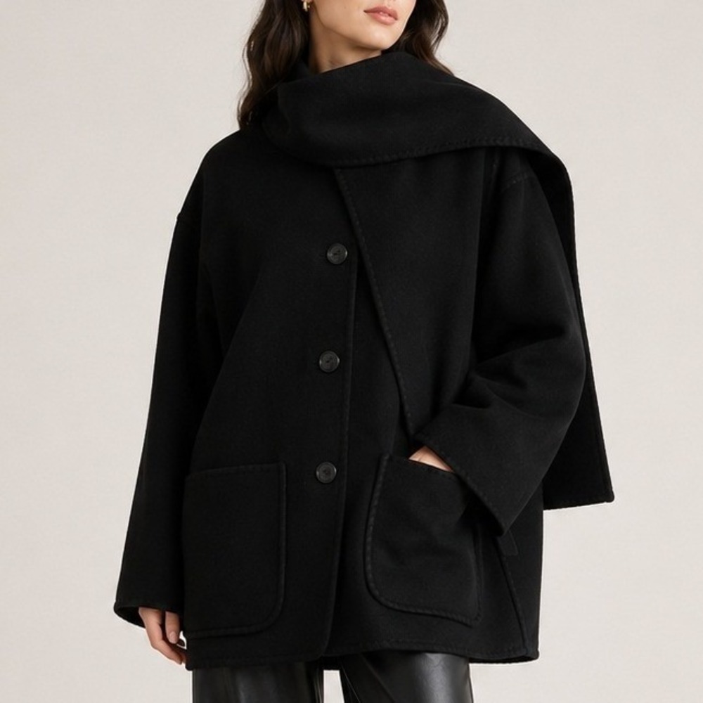 Quince Double Faced Merino Wool Scarf Coat Winter Travel Luxe Black Small NWT